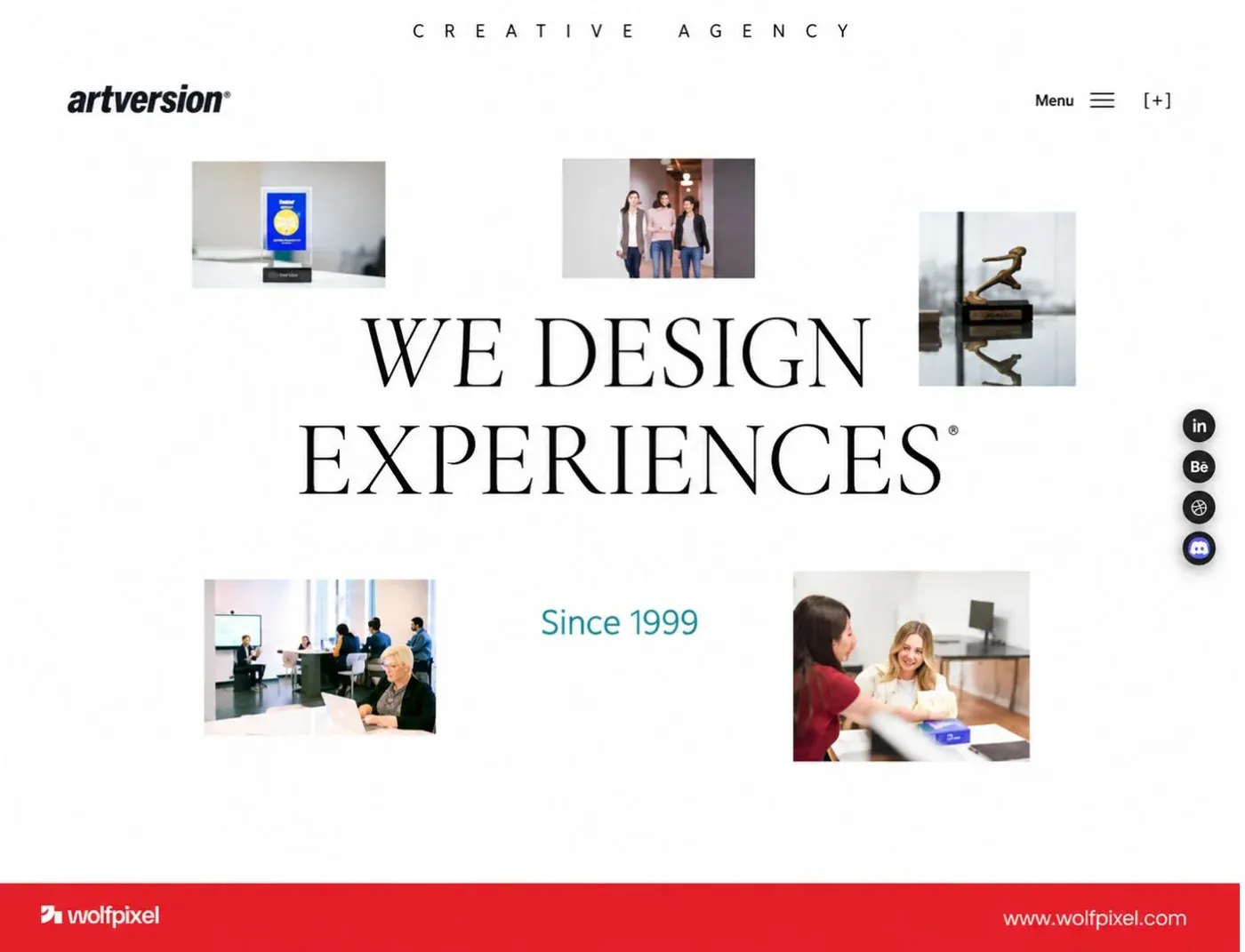 ArtVersion website screenshot with the headline We Design Experiences and a grid of creative project images.