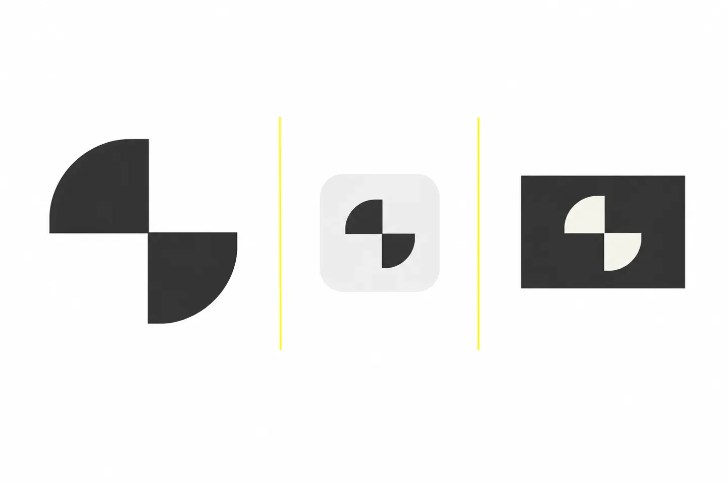 The same illustrative geometric logo shown as a standalone symbol, compact icon and reversed version.