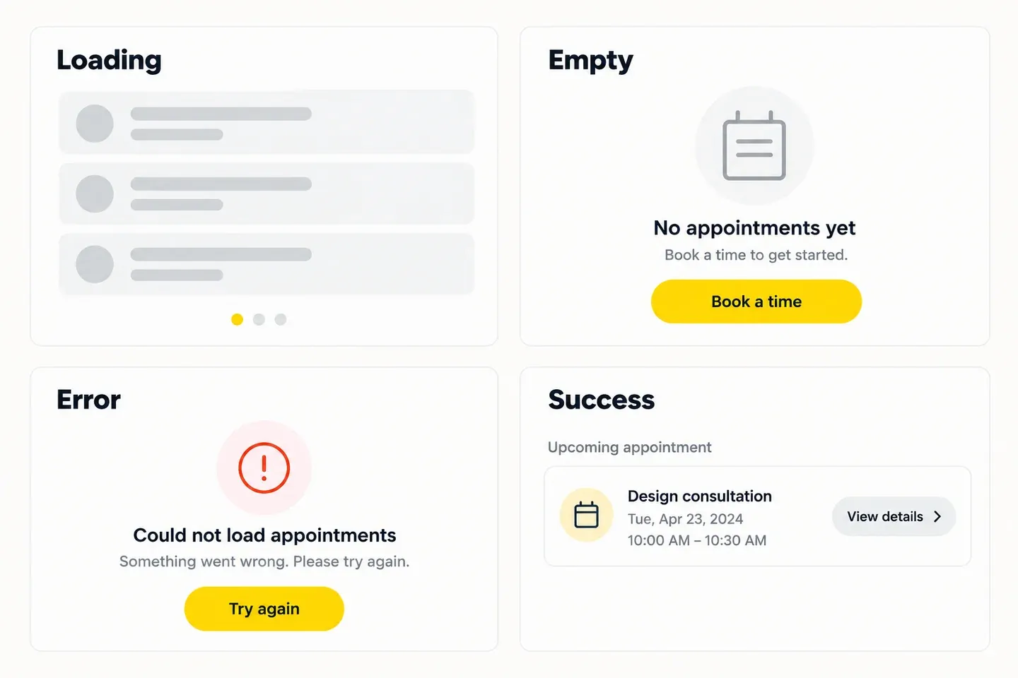 Illustrative appointment interface showing loading, empty, error and successful content states.