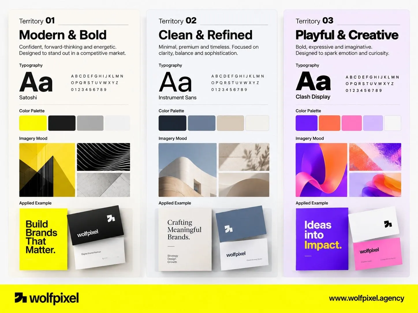 Three brand identity design territories showing different typography, color palettes and imagery directions