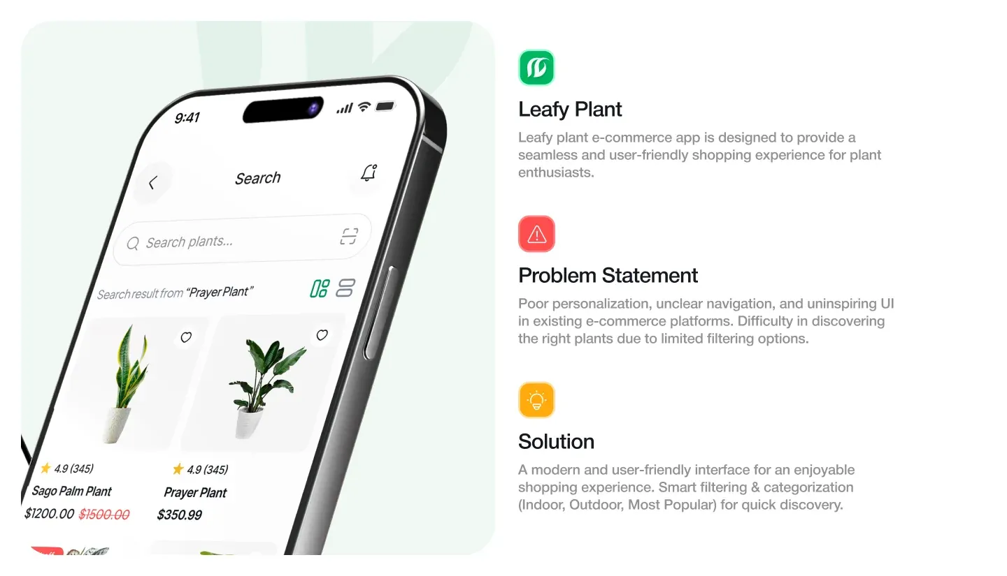 Leafy Plant mobile app interface presentation from Wolfpixel’s plant e-commerce design project.
