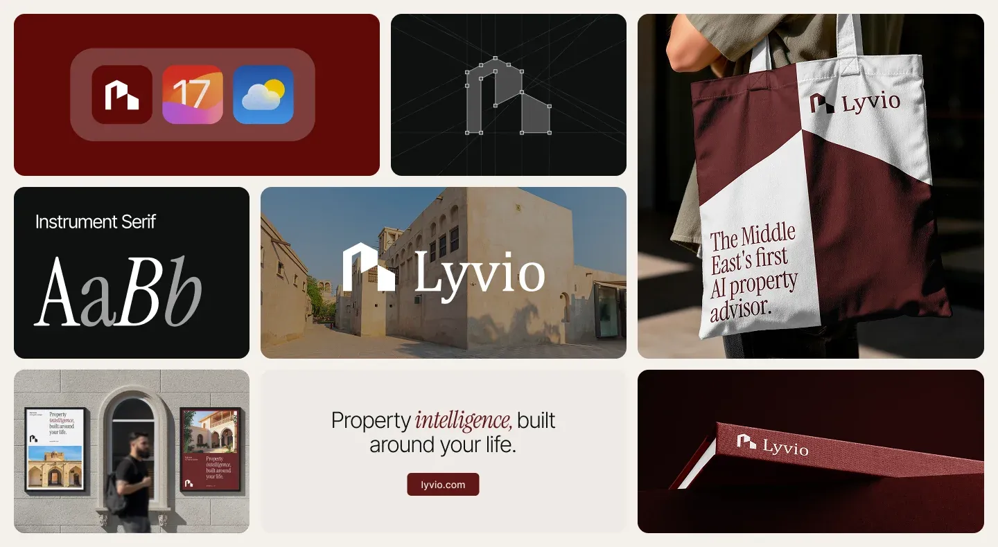 Published Lyvio visual identity board showing the wordmark, editorial typography and warm neutral branding