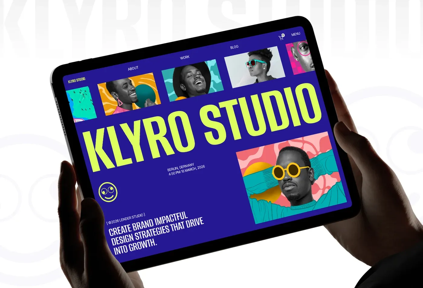 Wolfpixel’s Klyro Studio website template displayed on a tablet, with bold typography and colorful project imagery.