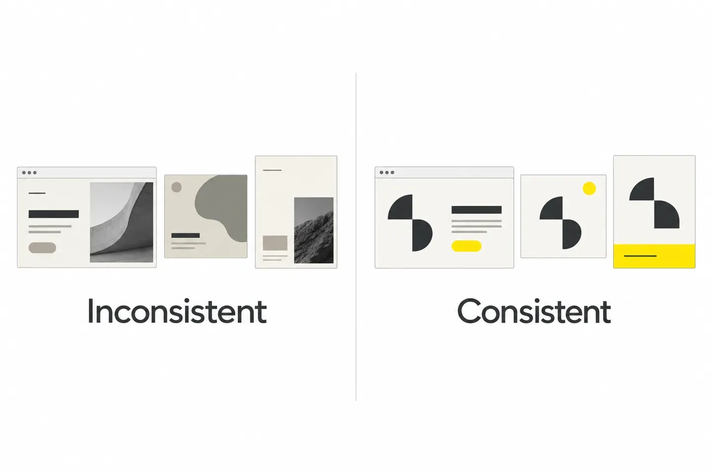 Illustrative website, social and document layouts comparing inconsistent styling with a coordinated identity system.