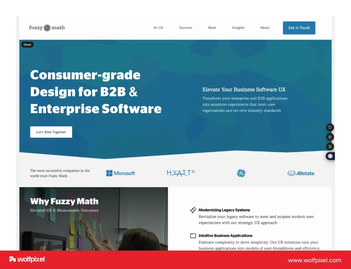 Fuzzy Math website screenshot introducing design for B2B and enterprise software, followed by service panels.