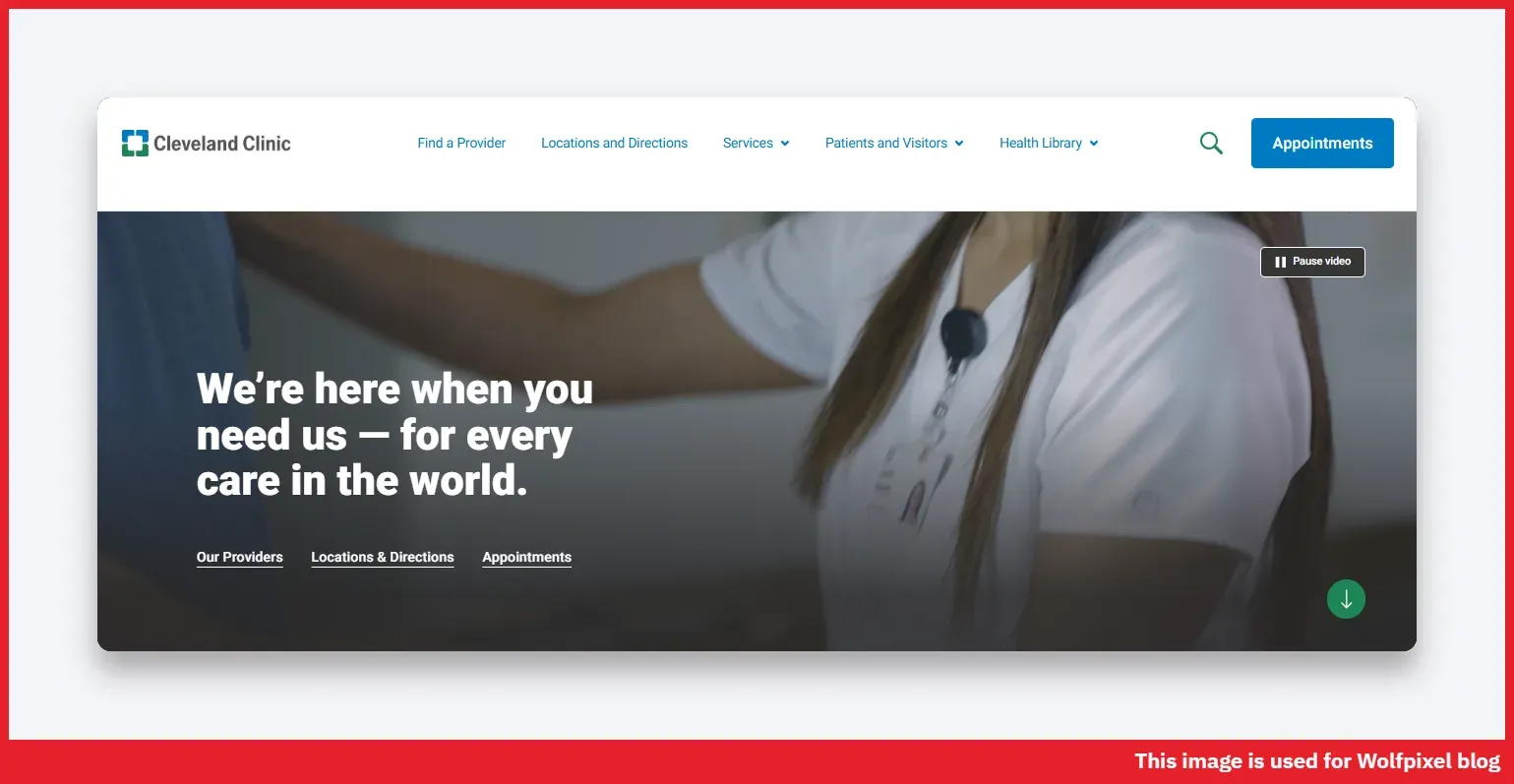 Cleveland Clinic website design with clear Find a Doctor and Book Now buttons