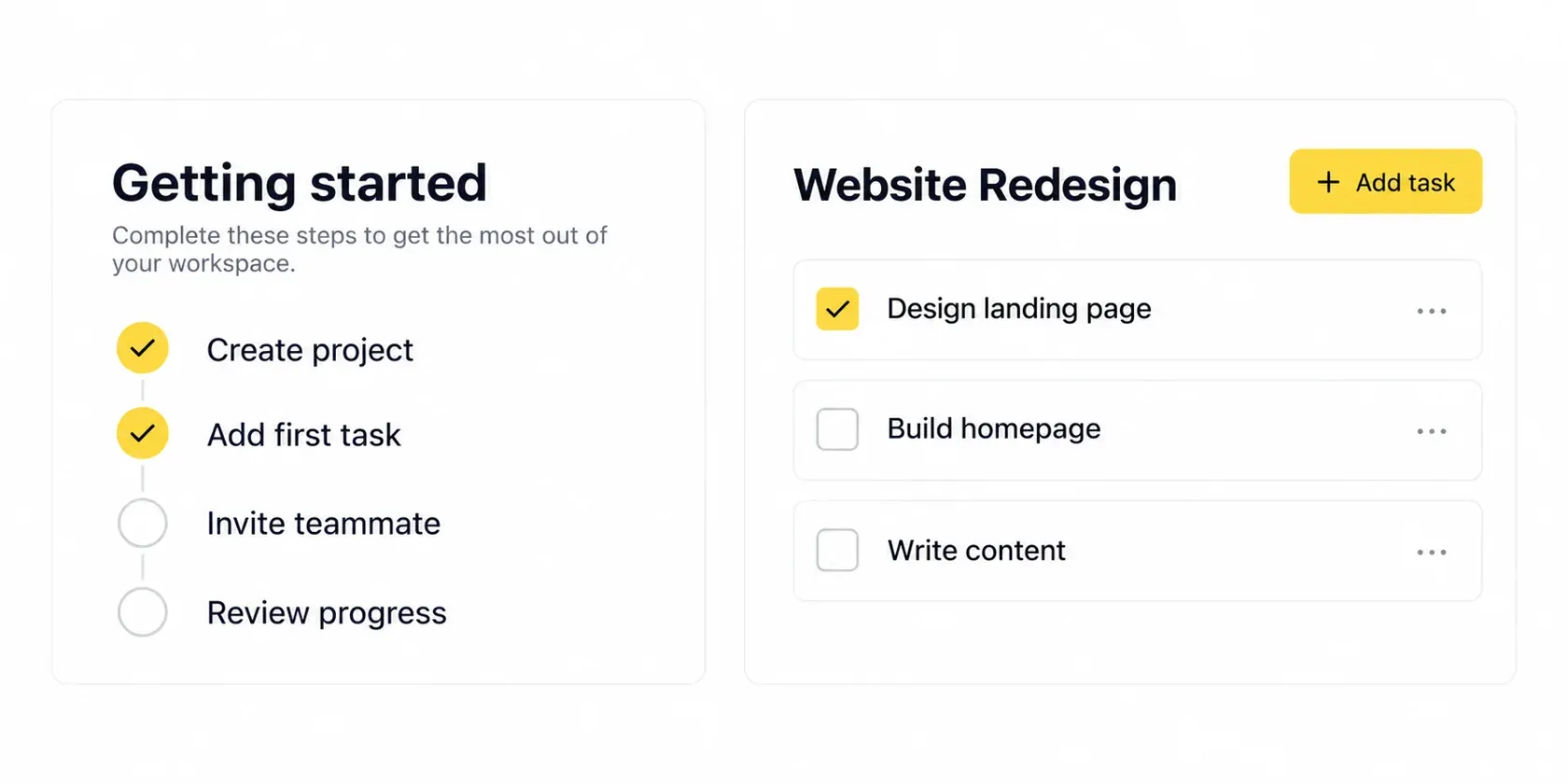 Four-step SaaS onboarding checklist beside a sample project with tasks