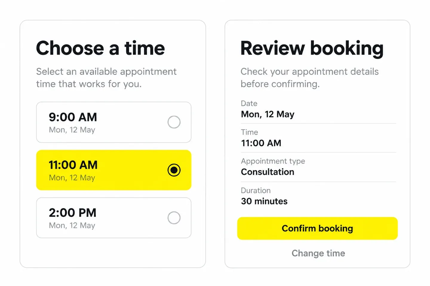 Illustrative mobile screens for choosing an appointment time and reviewing a booking.
