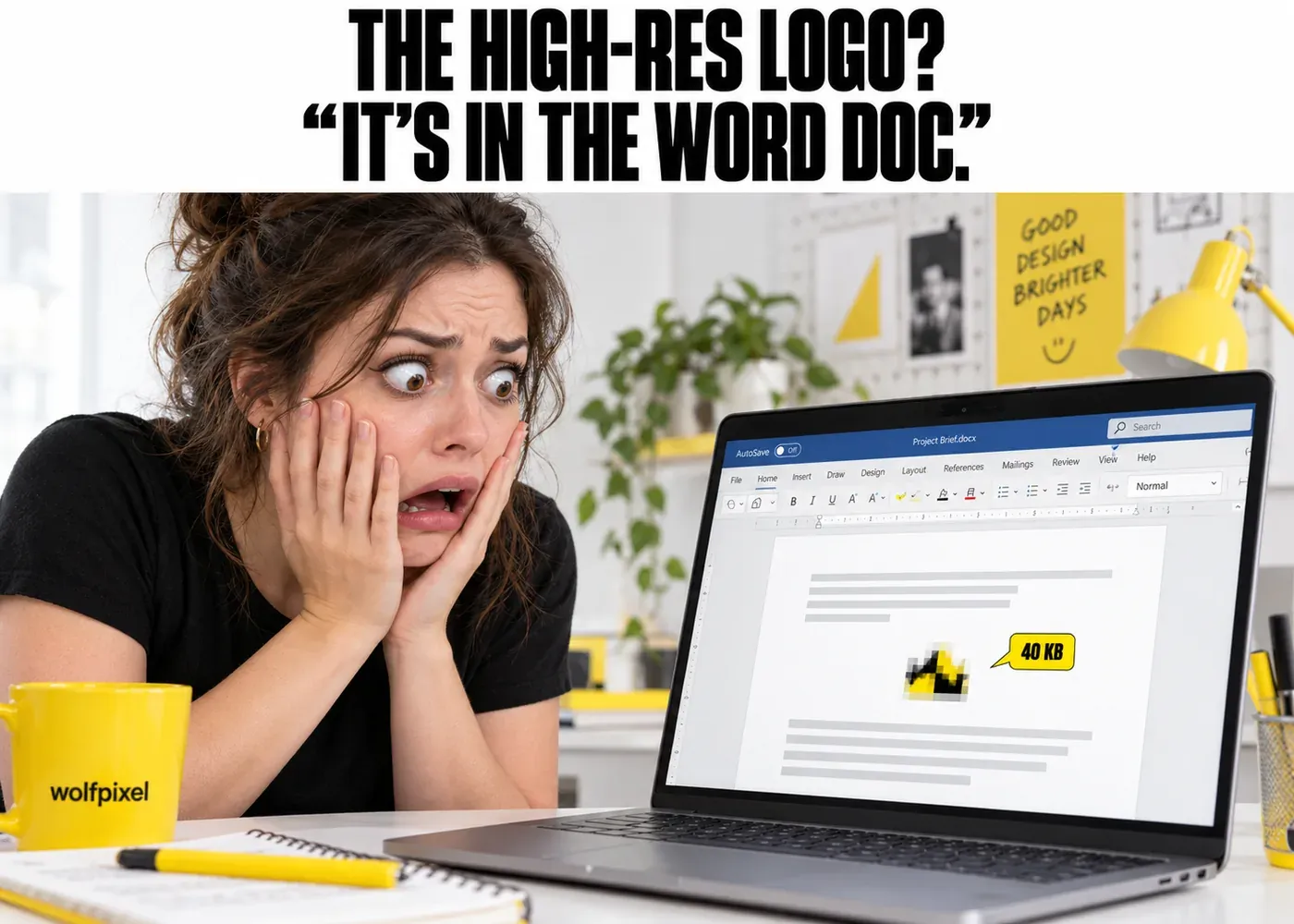 Logo sent in Word document graphic design meme with a shocked designer looking at a tiny blurry logo