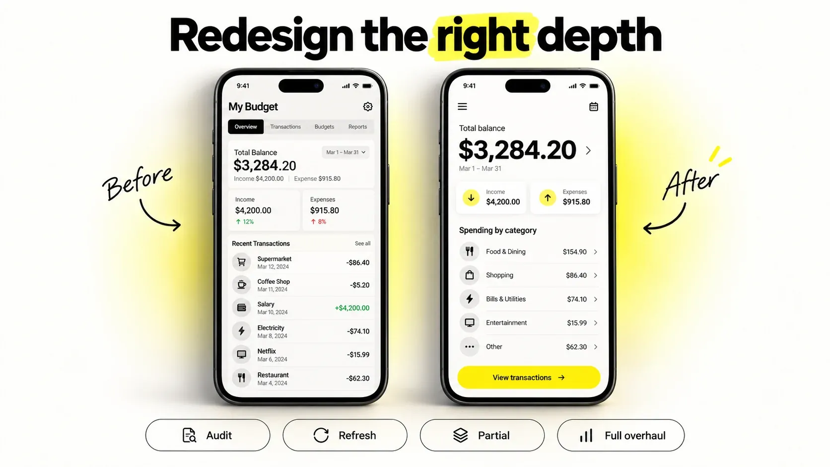 Illustrative before and after mobile finance app redesign
