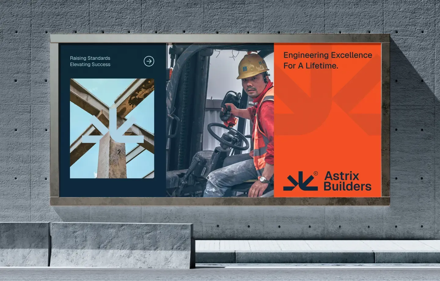 Astrix Builders construction brand identity by Wolfpixel, applied to a billboard.