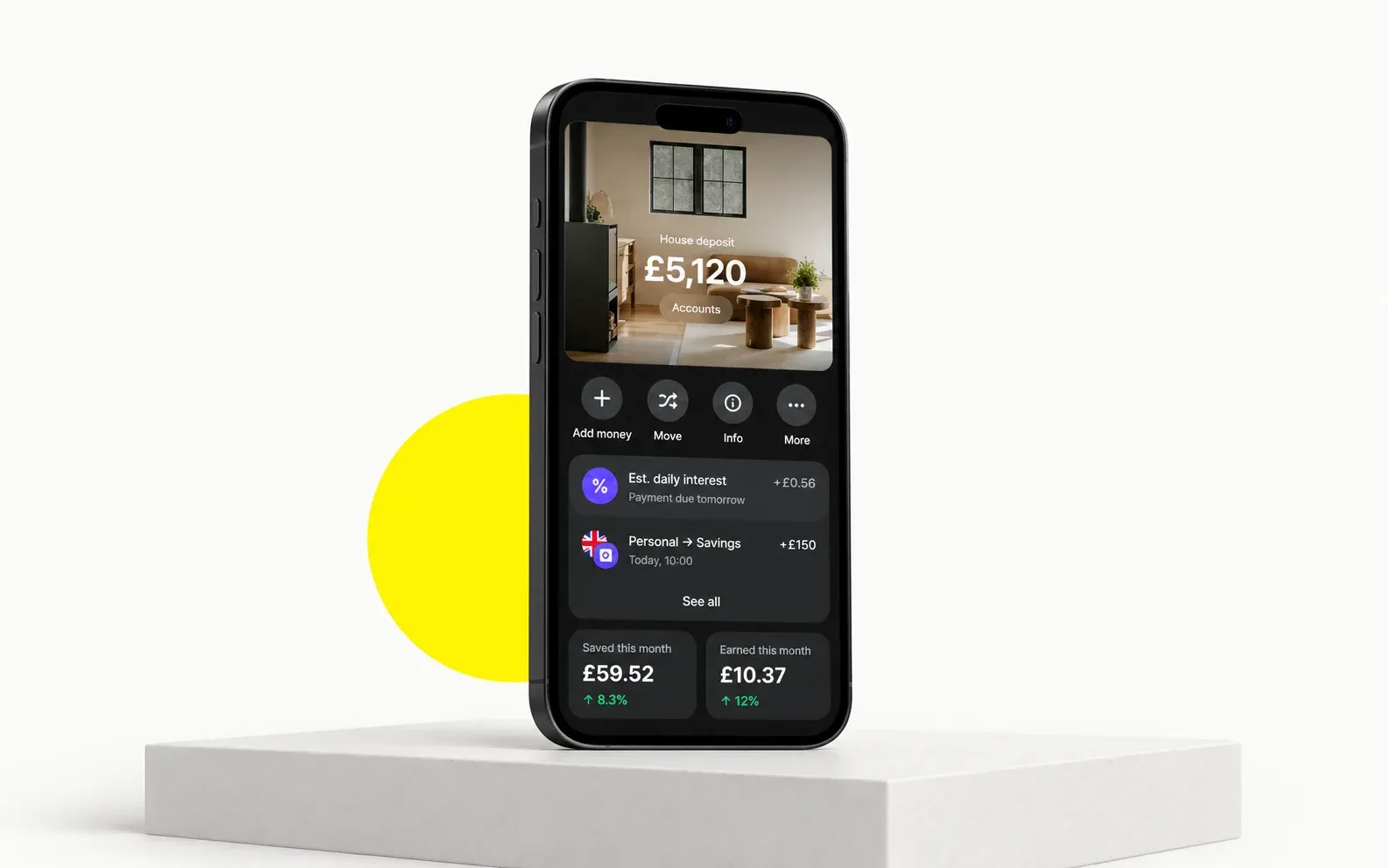 Revolut interface adapted into a charcoal phone mockup on a light studio background with a Wolfpixel yellow accent