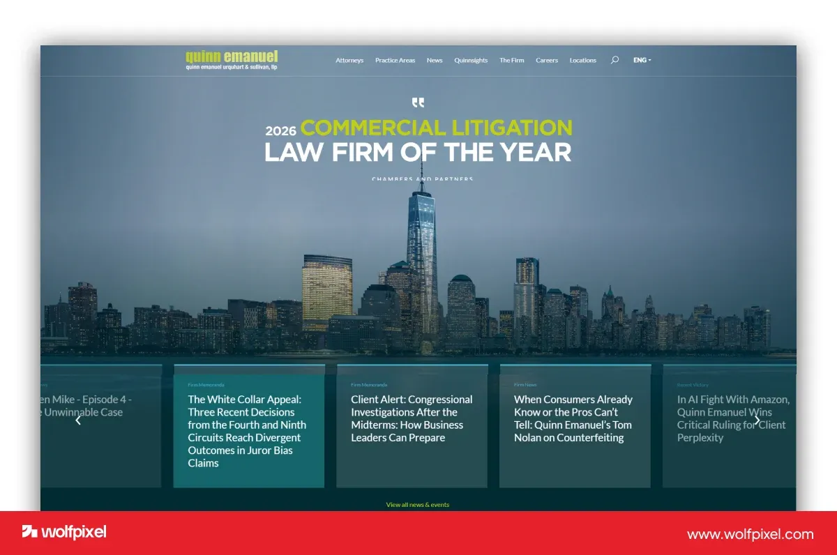 Quinn Emanuel website screenshot with a skyline background, a prominent litigation headline and news cards.