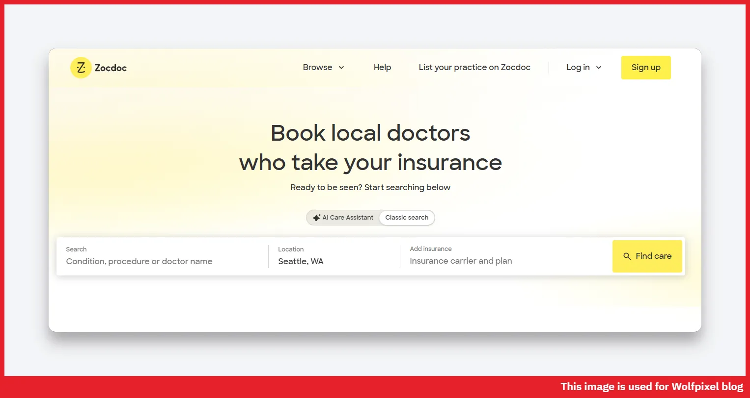 Zocdoc healthcare website design with provider search and booking filters