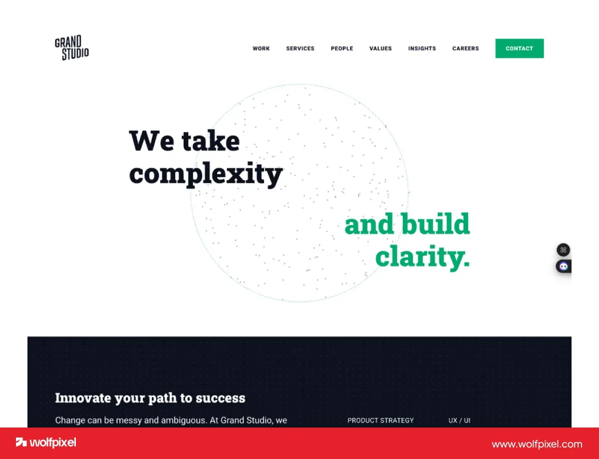 Grand Studio website screenshot with the headline We take complexity and build clarity above a project section.