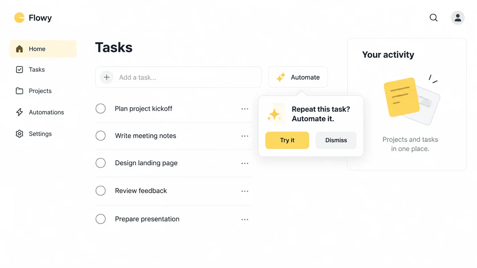 Dismissible contextual automation tip with Try it button beside a task list
