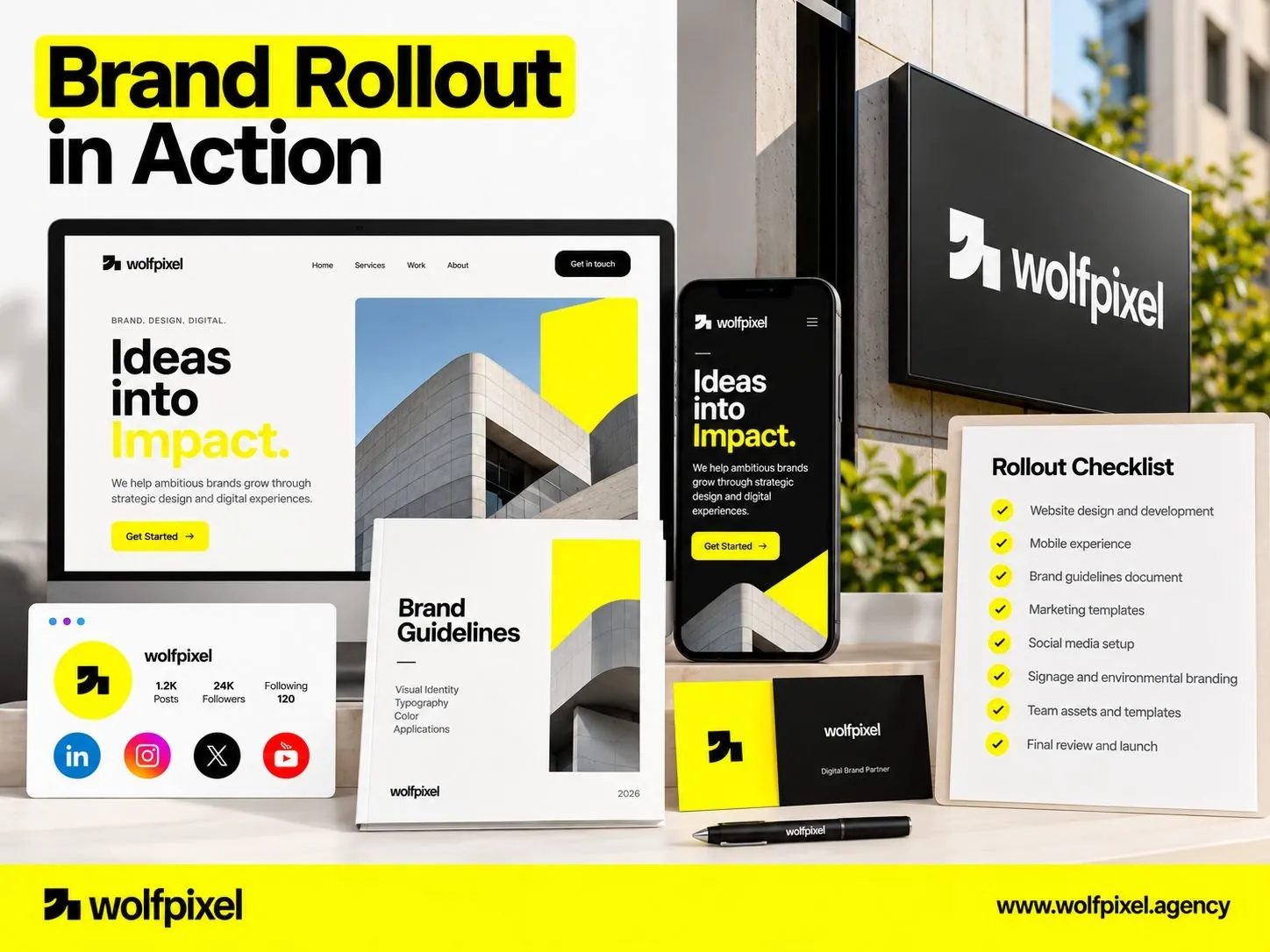 Brand identity rolled out consistently across website, mobile app, documents, signage and social profiles
