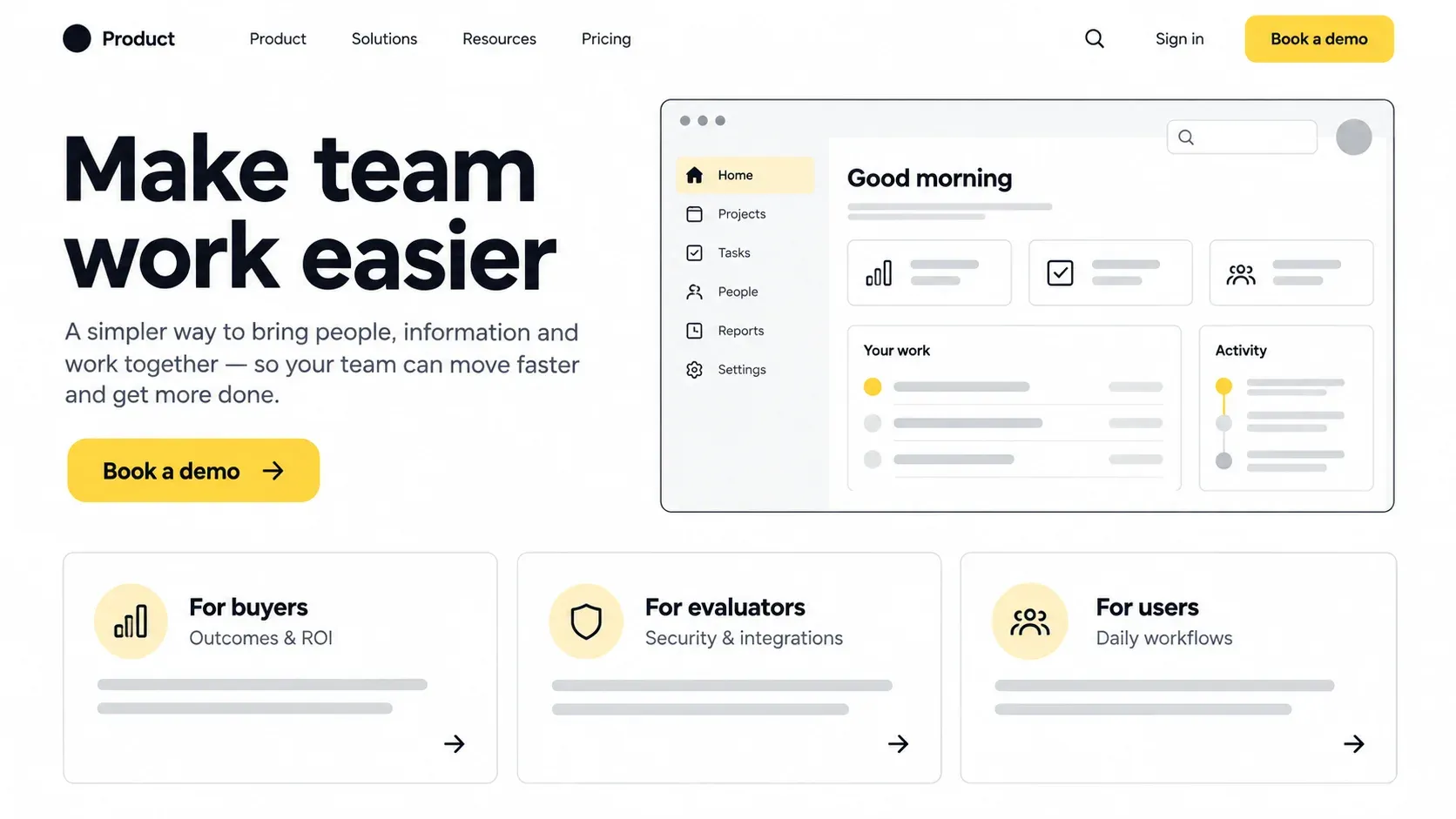 B2B SaaS website layout with stakeholder conversion paths
