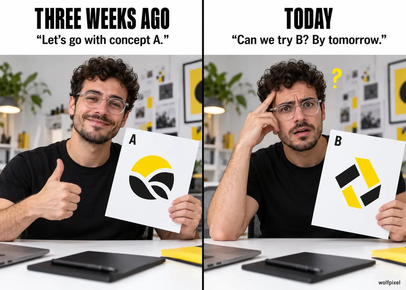Client changes direction again meme, designer happy with concept A then confused when asked for concept B