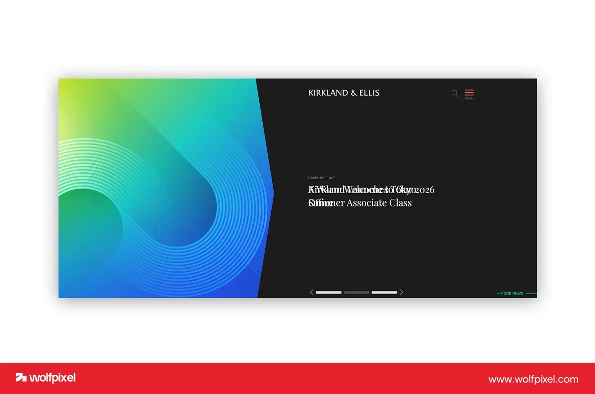 Kirkland & Ellis website screenshot pairing colorful abstract artwork with a restrained dark information panel.