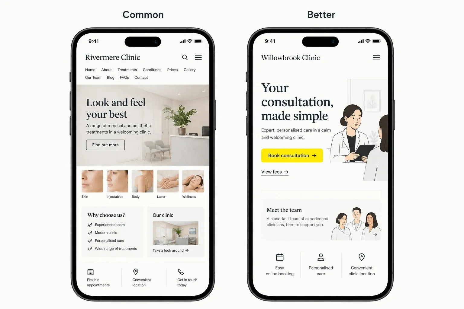Two fictional clinic mobile mockups comparing a crowded homepage with a clearer consultation layout.