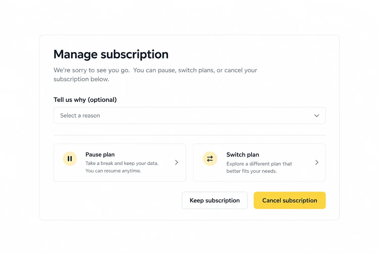 Subscription management screen with optional feedback, pause and switch options, and a clear cancel button