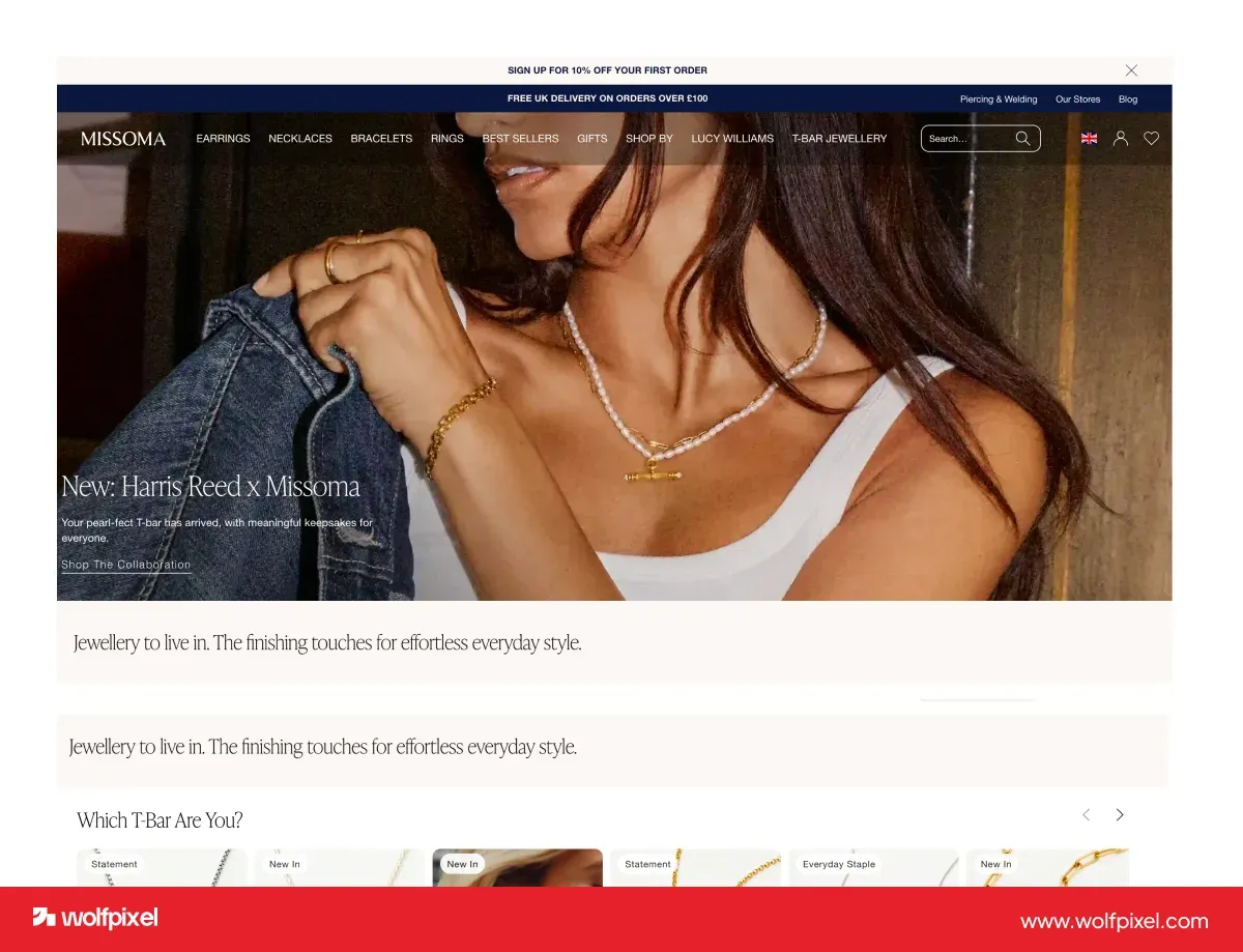 Missoma Layering Lab, an interactive jewelry website design feature.