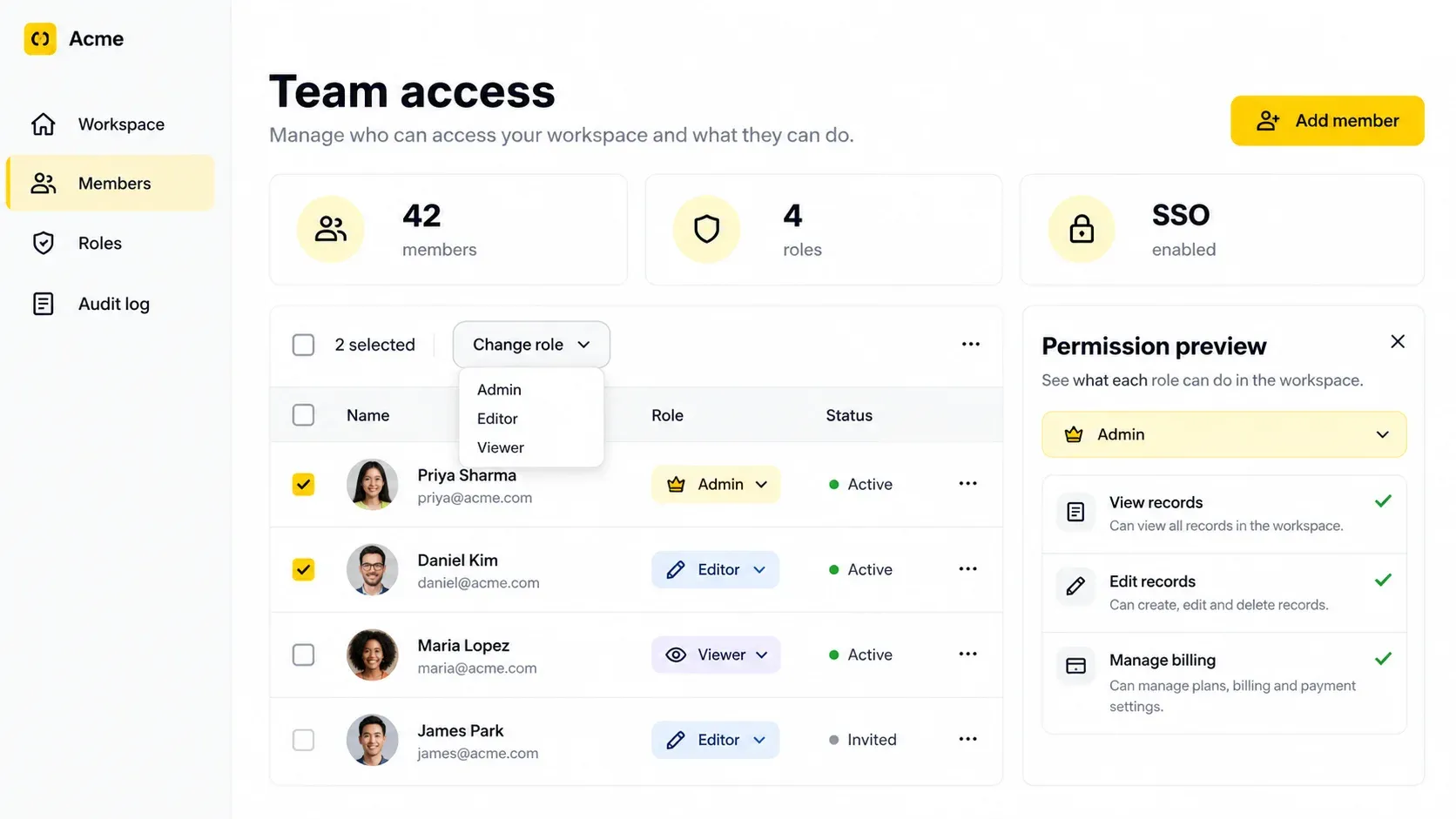 Enterprise SaaS admin console with roles and permissions