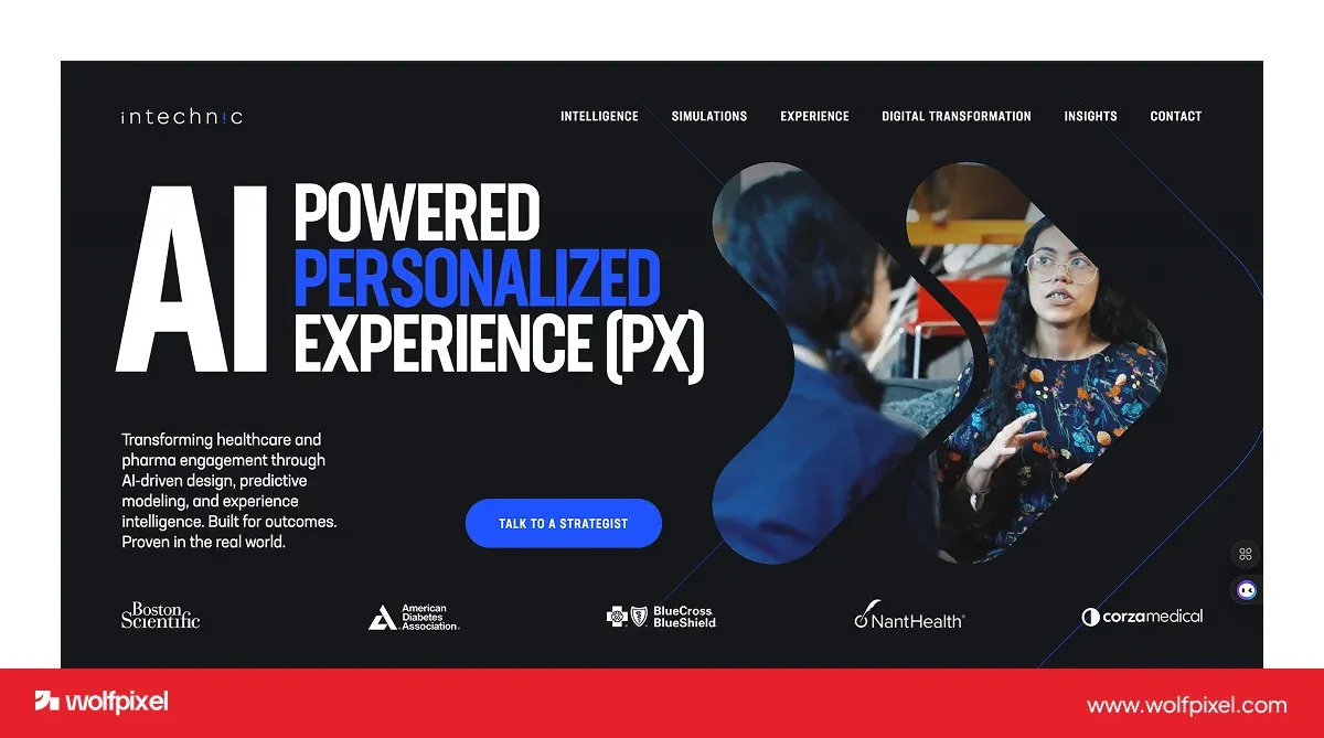 Intechnic website screenshot presenting AI-powered personalized experiences for healthcare and pharma.