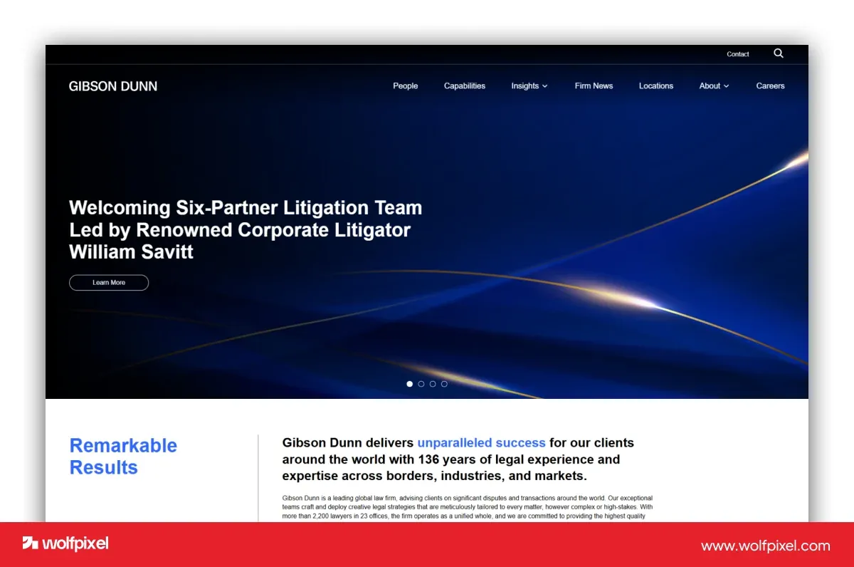 Gibson Dunn website screenshot with a dark blue hero, a featured team announcement and a results introduction.