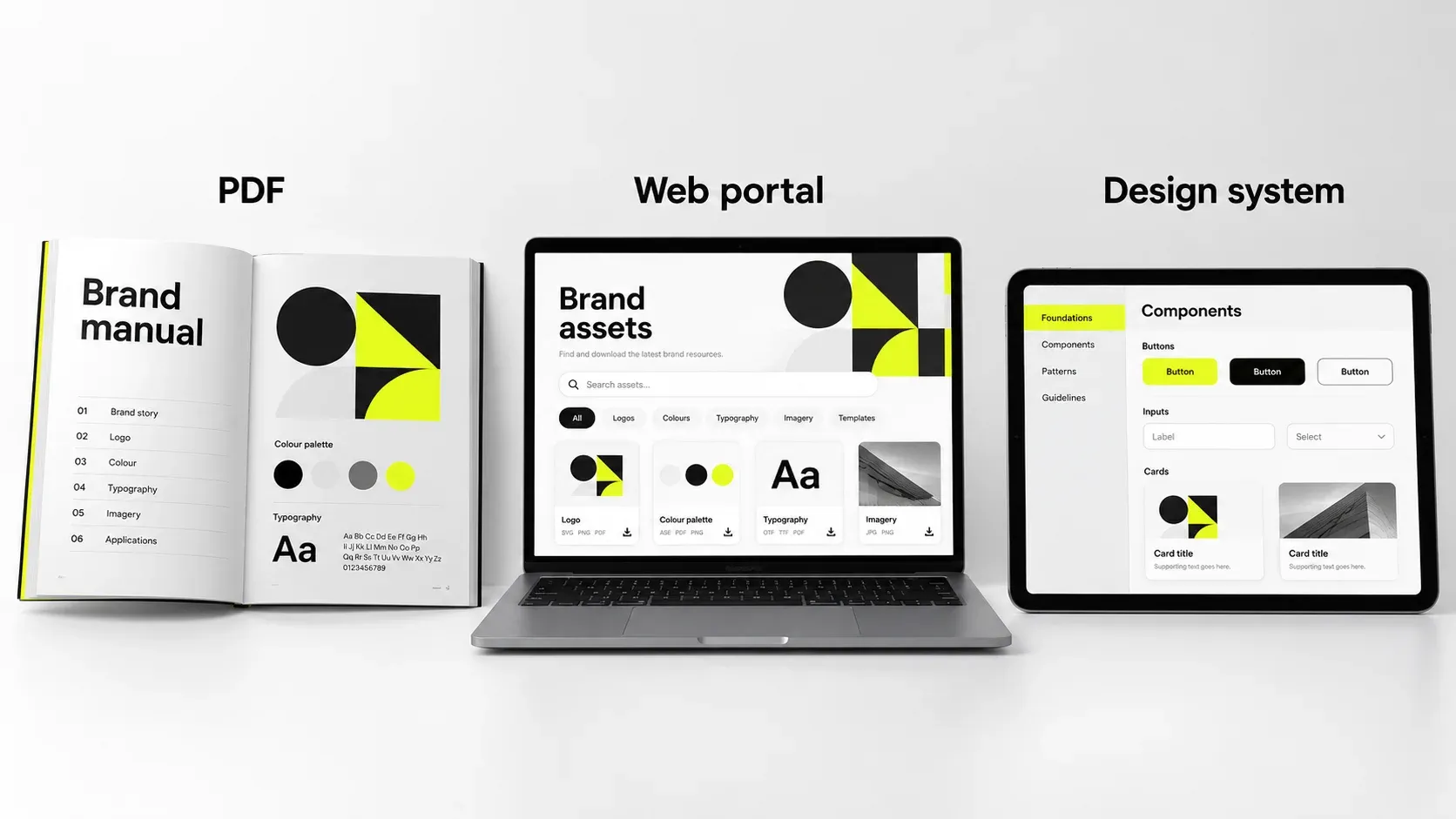 Illustrative brand guidelines as a PDF, web portal, and component library