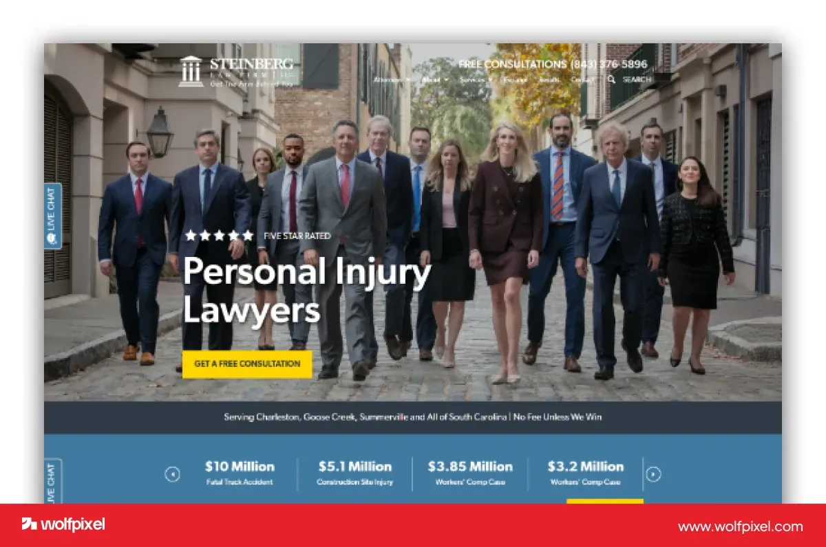 Steinberg Law Firm website screenshot showing its attorney team, a personal-injury headline and a yellow consultation button.