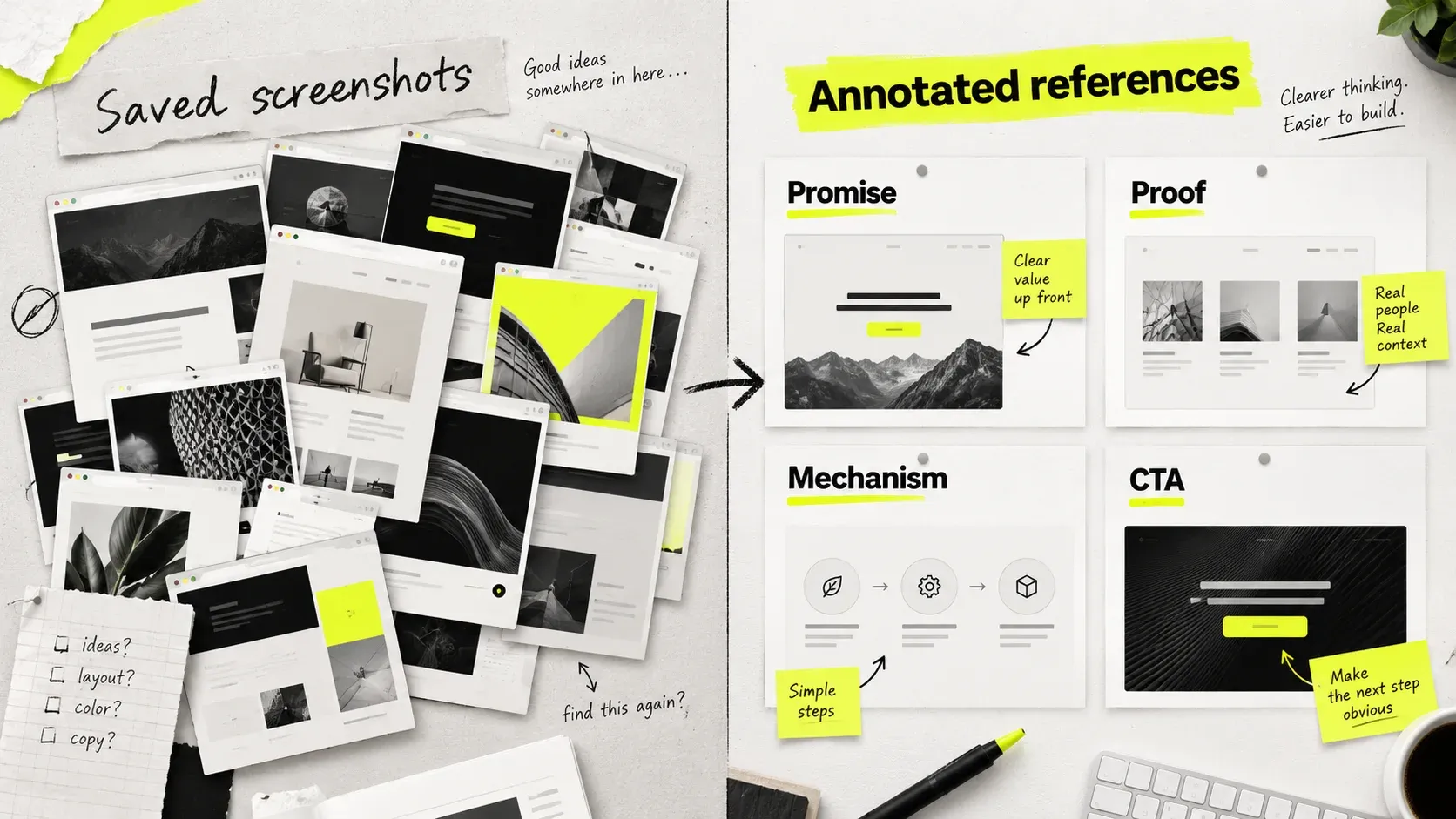 Illustrative comparison of saved screenshots and an annotated reference board