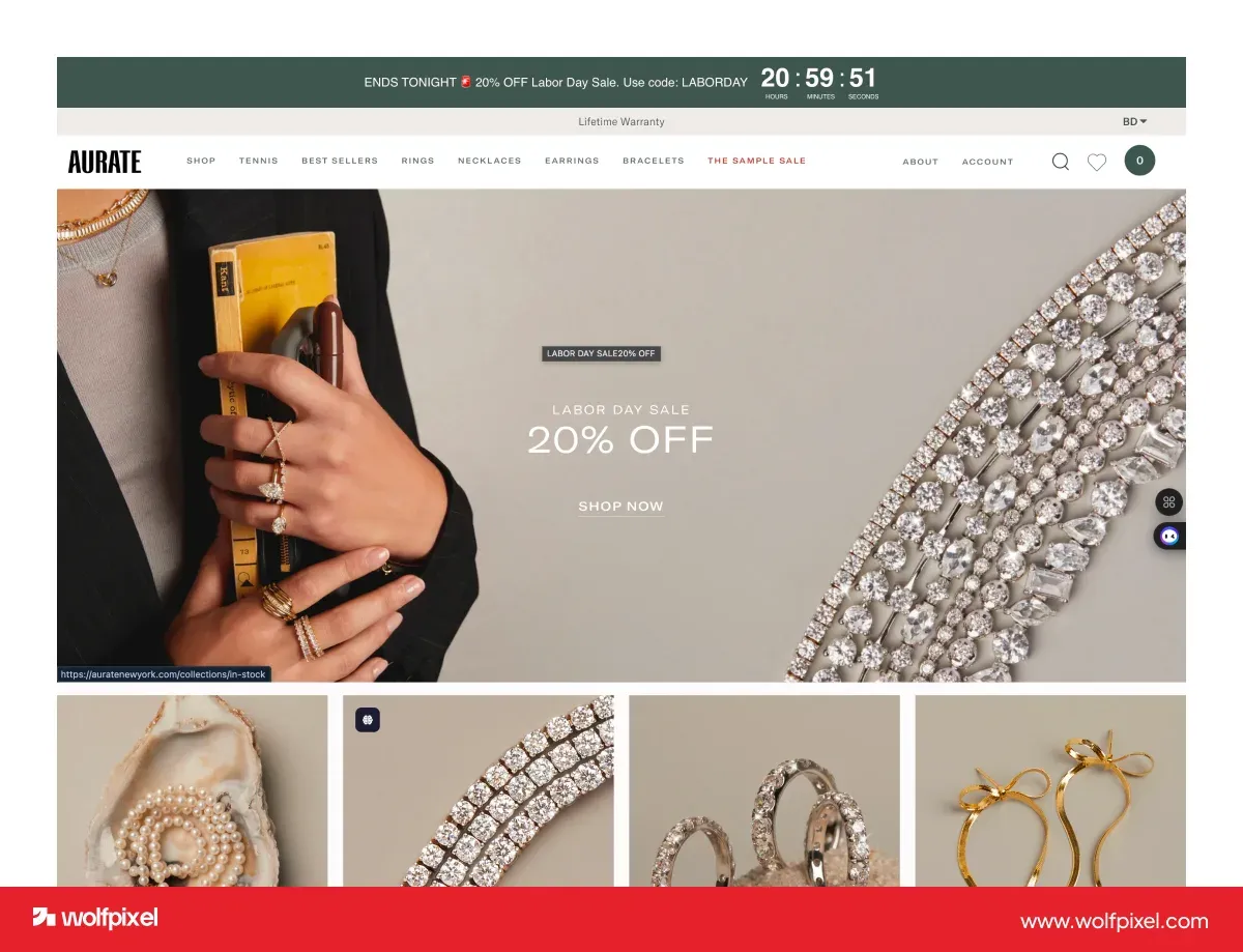 Aurate values led jewelry website design example.
