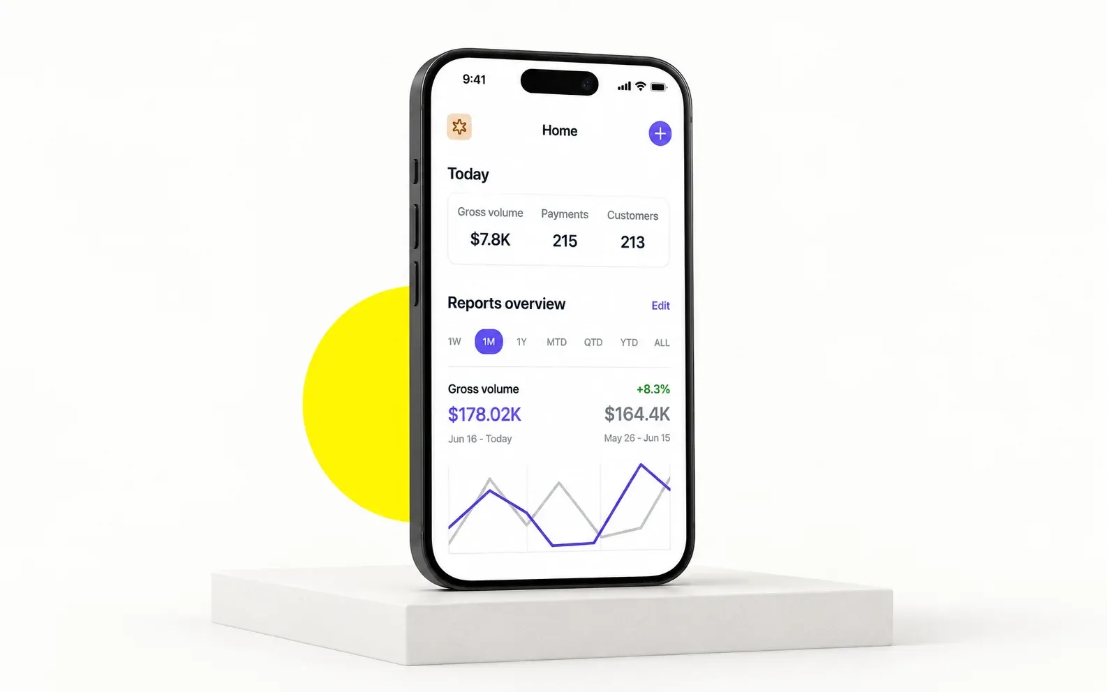 Stripe Dashboard interface adapted into a charcoal phone mockup on a light studio background with a Wolfpixel yellow accent
