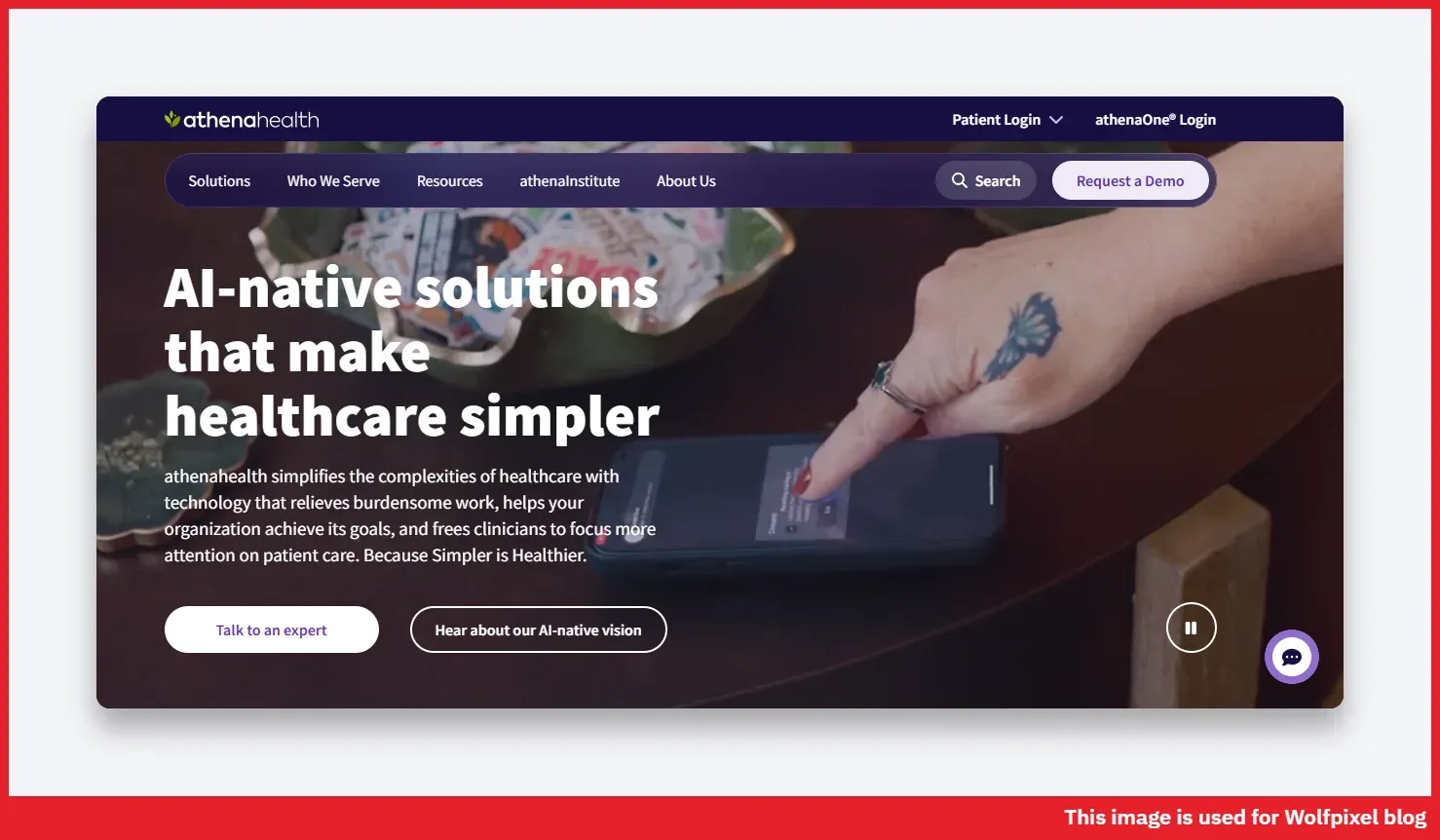 athenahealth healthcare website design with simple three-link navigation