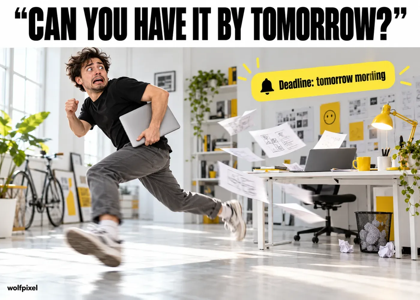 Surprise deadline graphic design meme with a designer running out of the studio holding a laptop