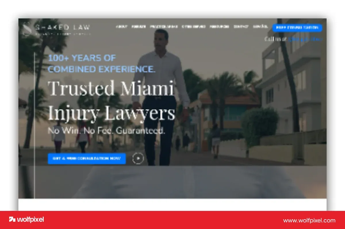 Shaked Law website screenshot with a Miami injury-law headline, background video imagery and a blue consultation button.