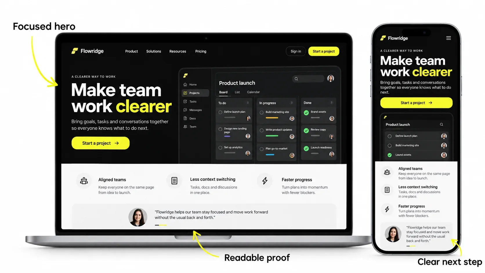 Illustrative desktop and mobile SaaS page with adapted hero, proof, and CTA