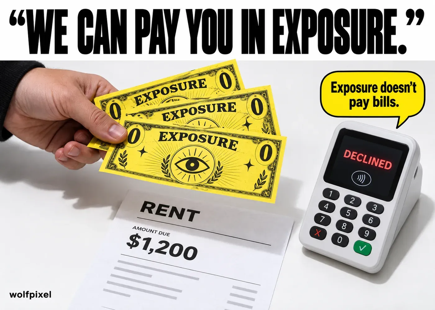 Exposure instead of payment graphic design meme with fake exposure bills and a declined card reader