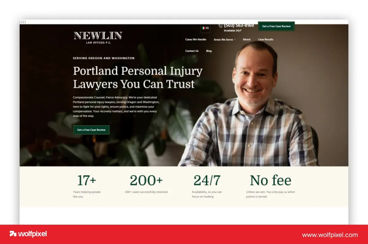 Newlin Law Offices website screenshot with an attorney portrait, a dark brown hero and a green case-review button.