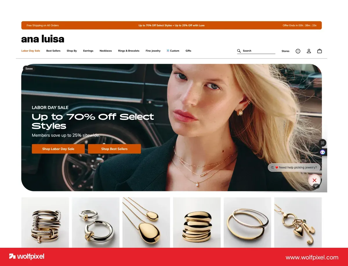 Ana Luisa jewelry website design with visible reviews and press.