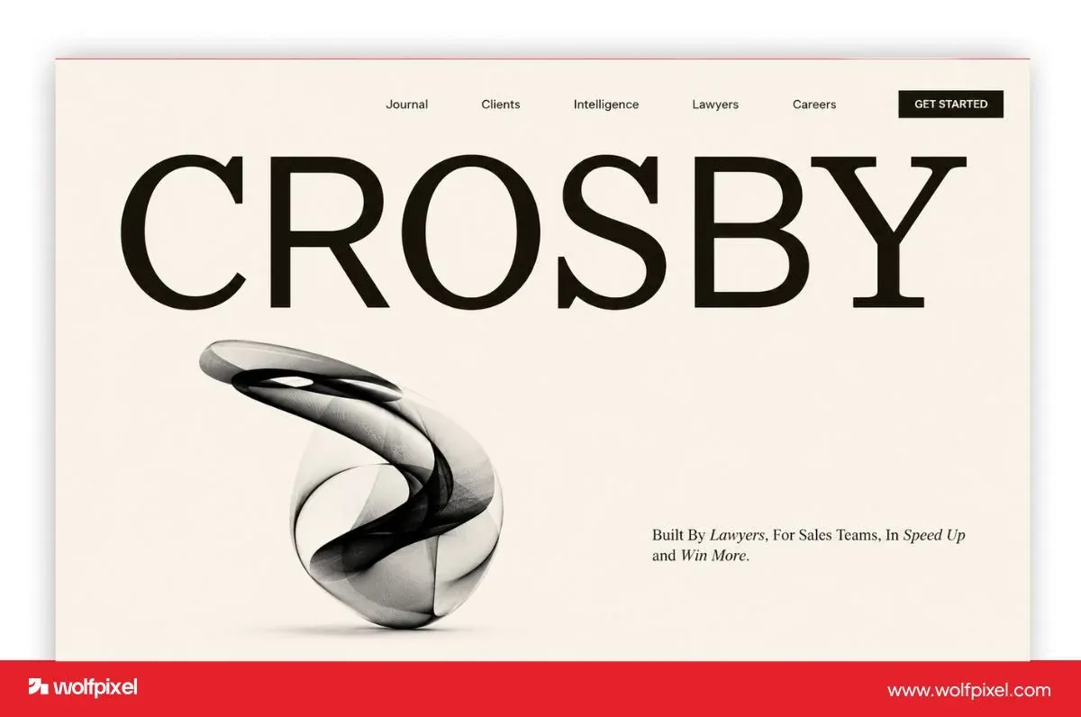 Crosby website screenshot with oversized black lettering, a cream background and a sculptural metallic graphic.