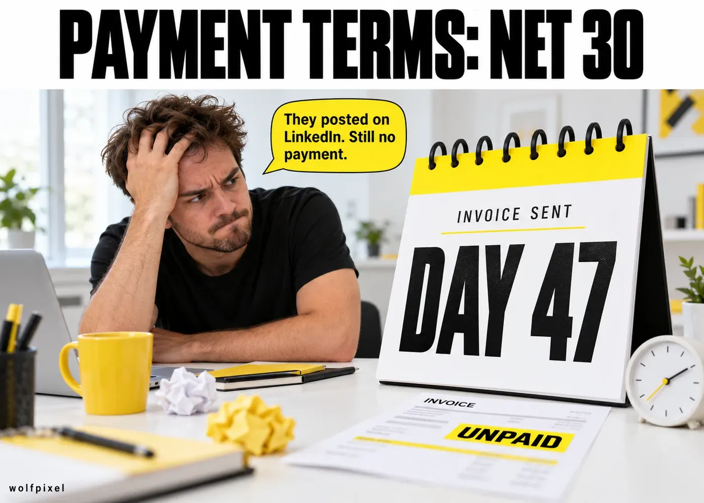 Late payment invoice meme with a frustrated designer beside a calendar reading day 47 unpaid