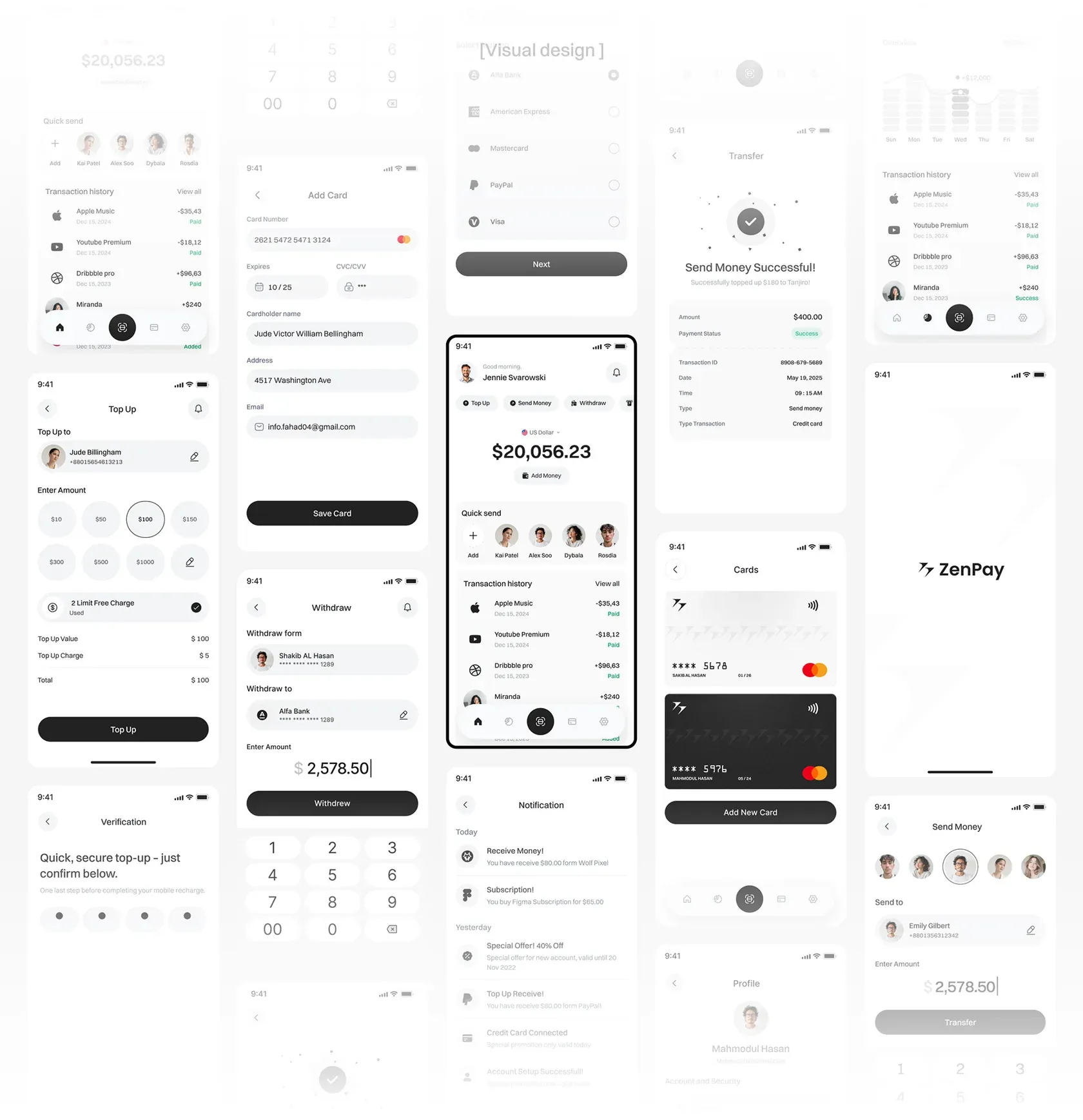 Published ZenPay wallet design showcase by Wolfpixel with contact, balance and transfer screens