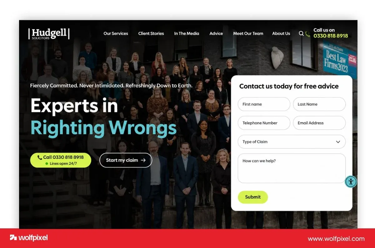 Hudgell Solicitors website screenshot with team photography, a bright accent headline and a callback form.