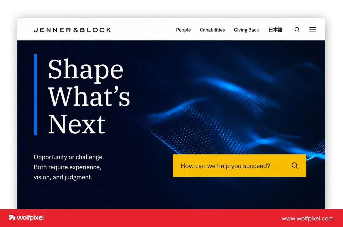 Jenner & Block website screenshot with a large serif headline on a dark blue background and a yellow search field.