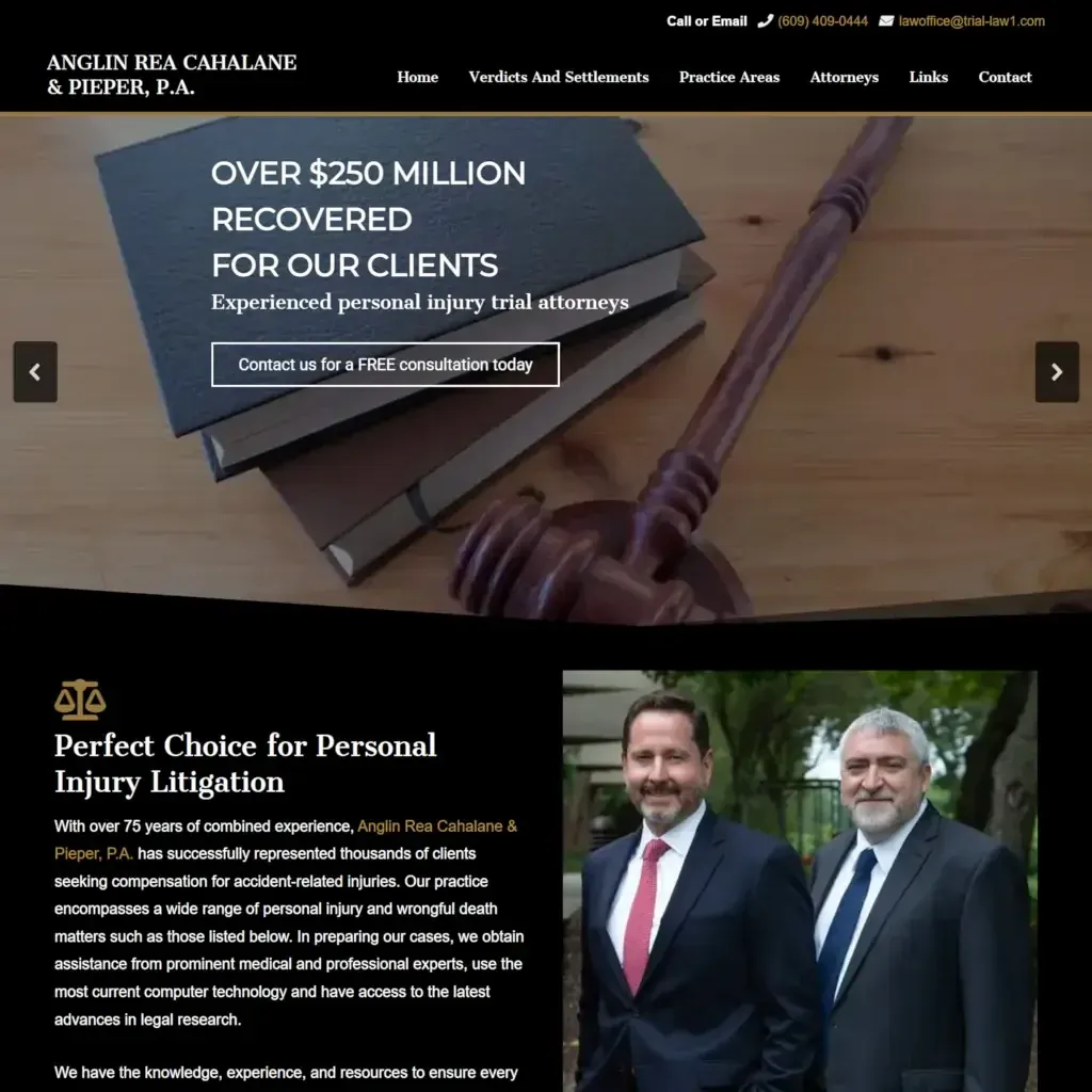 NJ Injury Help homepage screenshot with dark navigation, warm gold accents, legal imagery and a consultation action.