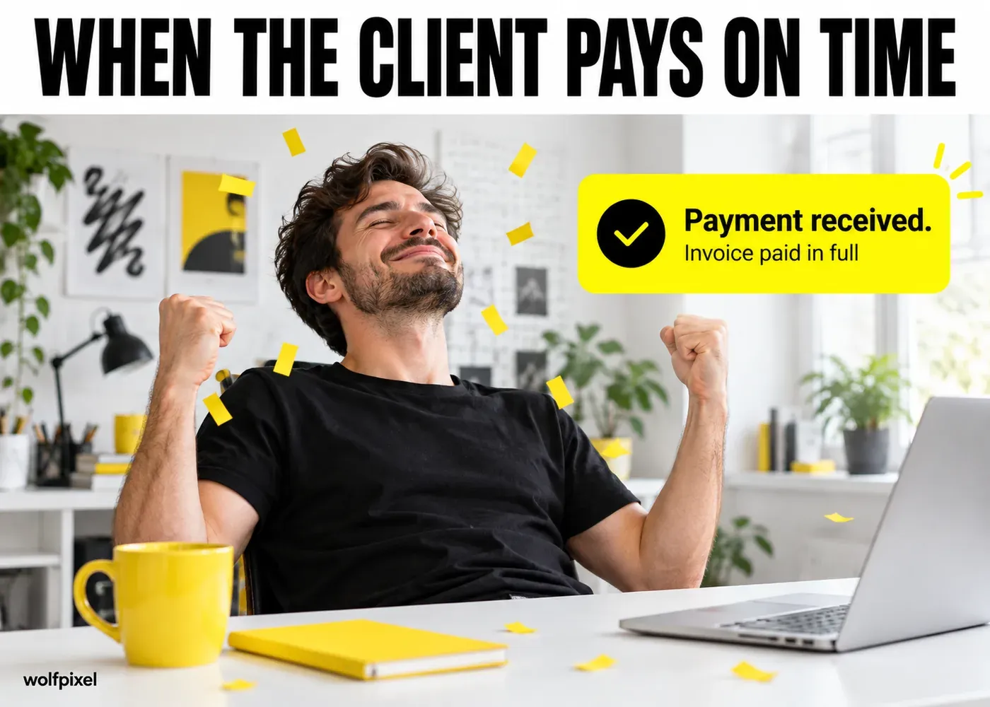 Client paid on time graphic design meme with a designer celebrating a payment received notification