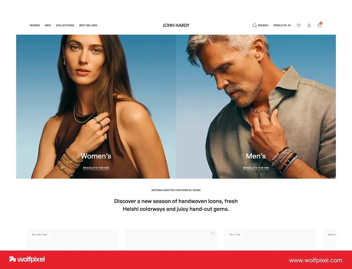 John Hardy jewelry website design example with artistic product imagery